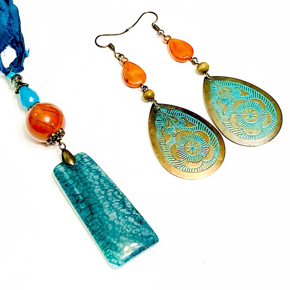 Artisan DEEP TEAL PEACOCK BLUE Bar Agate & Red Jasper Silk Necklace & Earrings